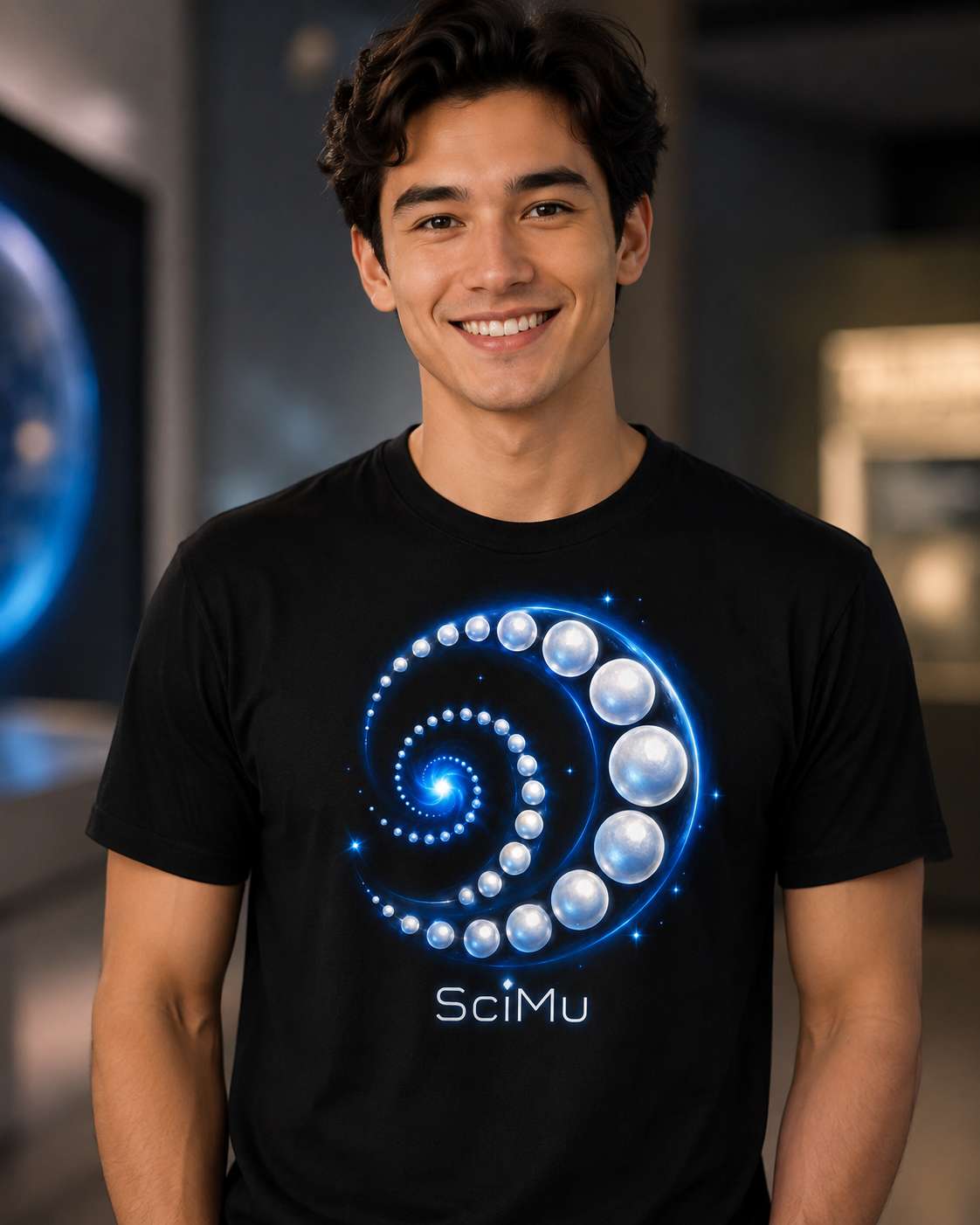 A smiling SciMu volunteer wearing a black t-shirt with the cosmic spiral artwork.