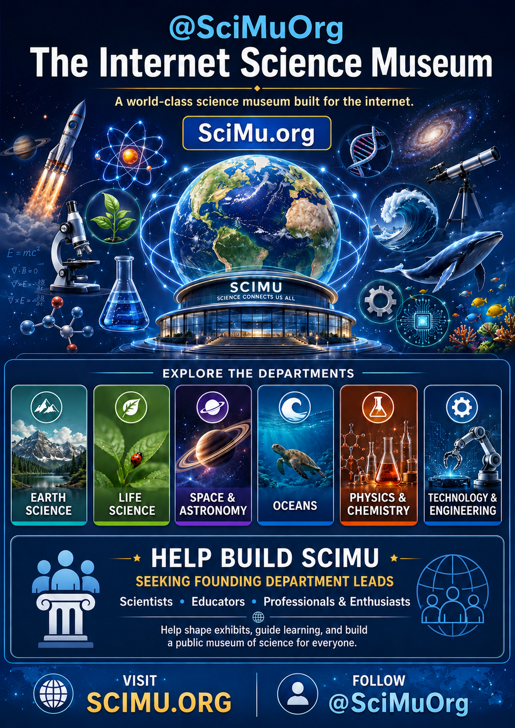 SciMu outreach poster inviting scientists, educators, professionals, and enthusiasts to help build SciMu.